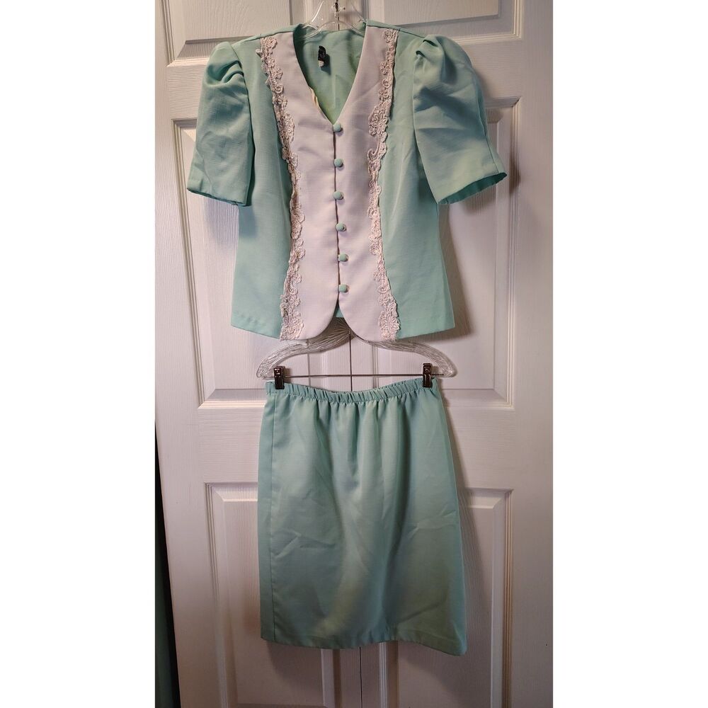 Vintage T & F Made in USA Skirt Suit Set Size Large L Mint Green Pastel Lace